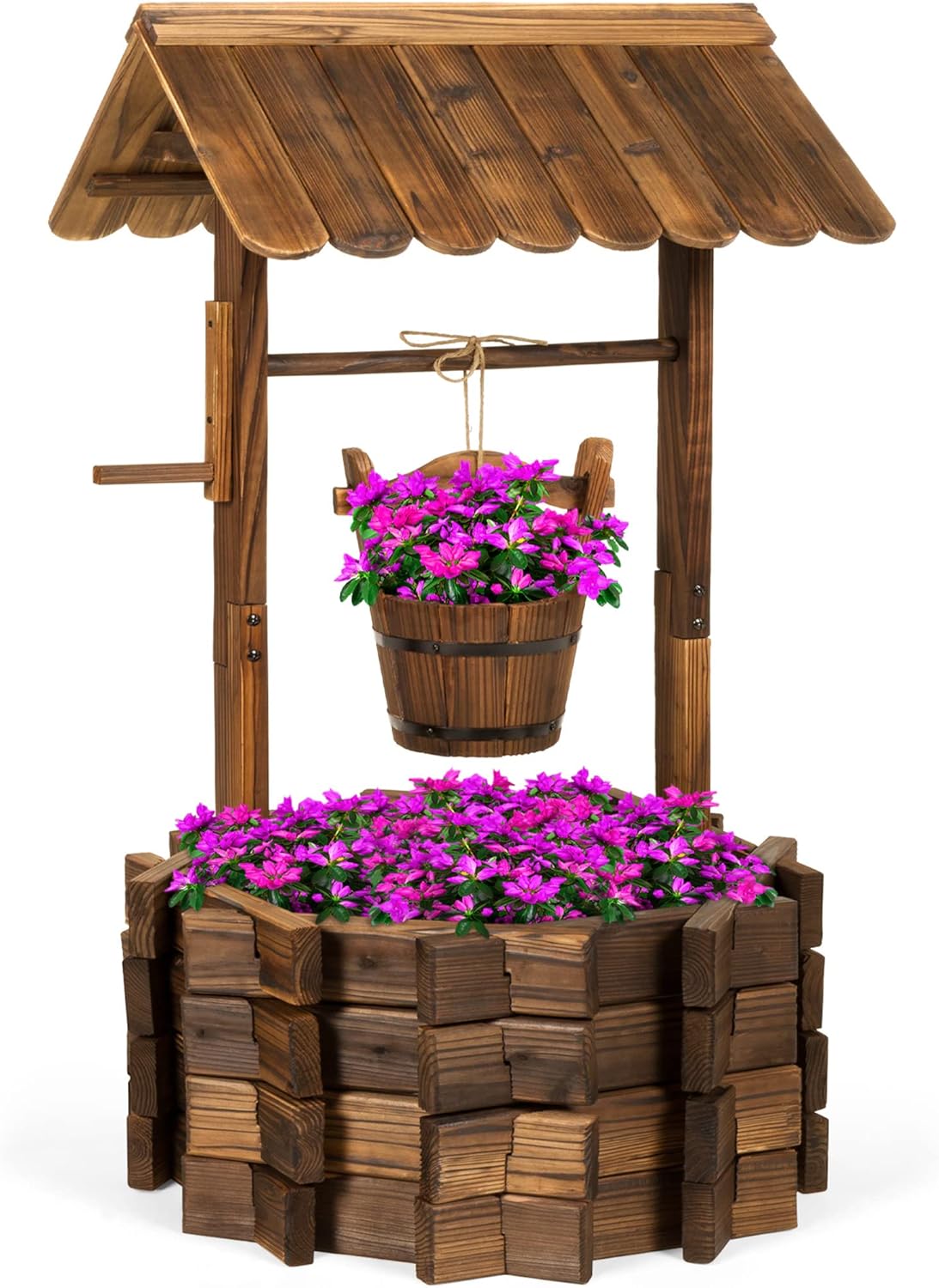Rustic Wooden Wishing Well Planter with Hanging Bucket, Decorative Outdoor Flower Pot for Garden, Patio, Yard and Landscape Décor