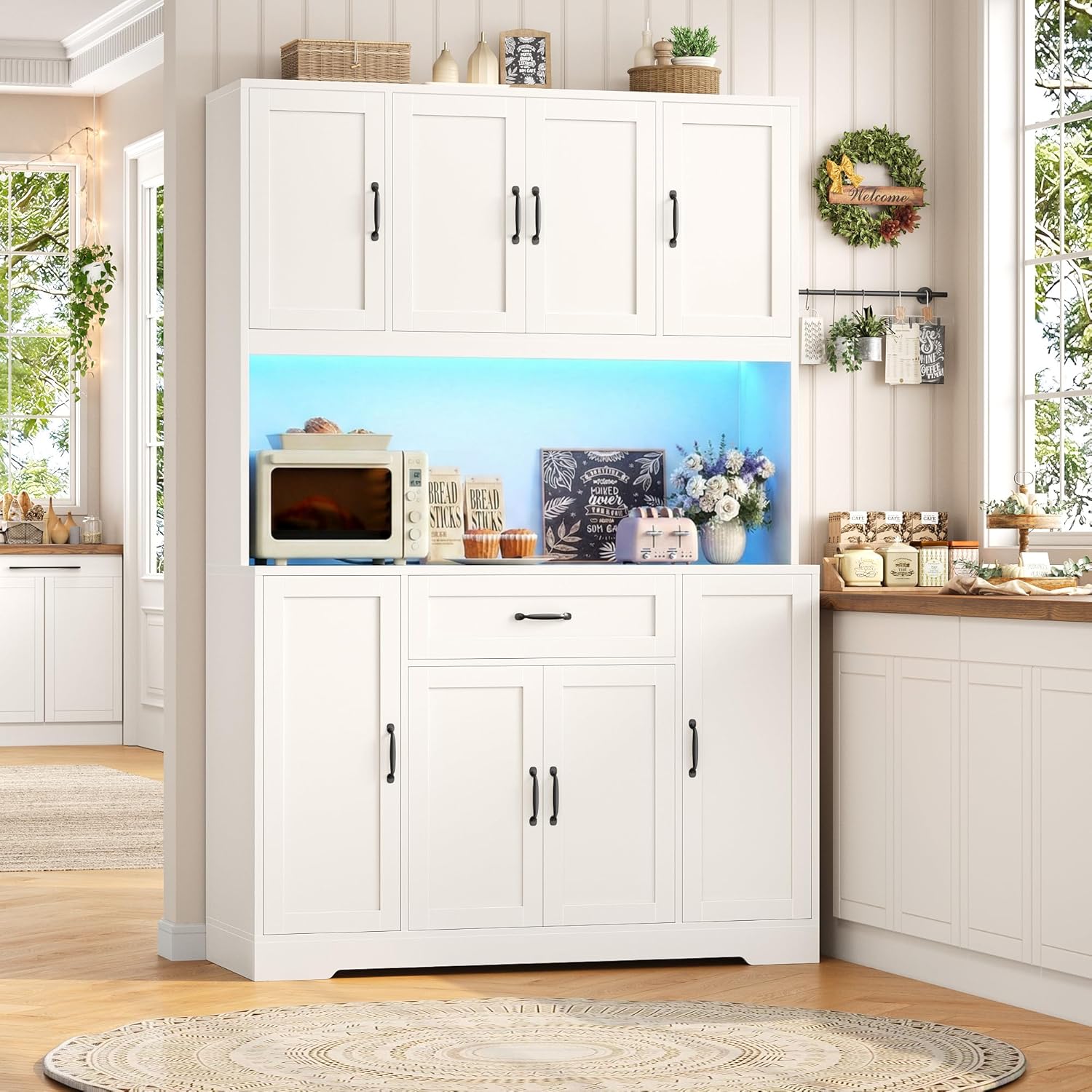 70-Inch LED Kitchen Pantry Cabinet with Charging Station, 47-Inch Wide Storage Hutch, Microwave Stand, Drawers and Cabinets for Kitchen and Dining Room