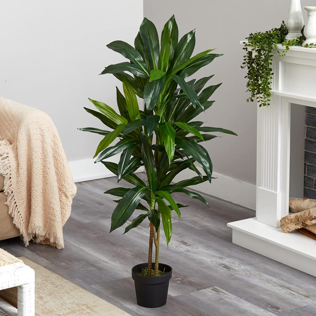 48-Inch Artificial Dracaena Tree with Real Touch Leaves and Decorative Pot, Maintenance-Free Indoor Floor Plant for Living Room, Office and Home Décor