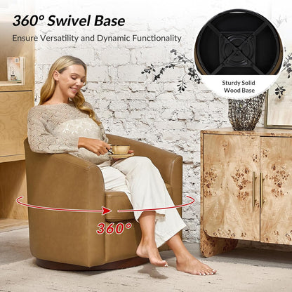 Genuine Leather Swivel Barrel Chair with Solid Wood Base, 360° Rotating Accent Chair for Living Room, Bedroom, Office and Lounge Spaces