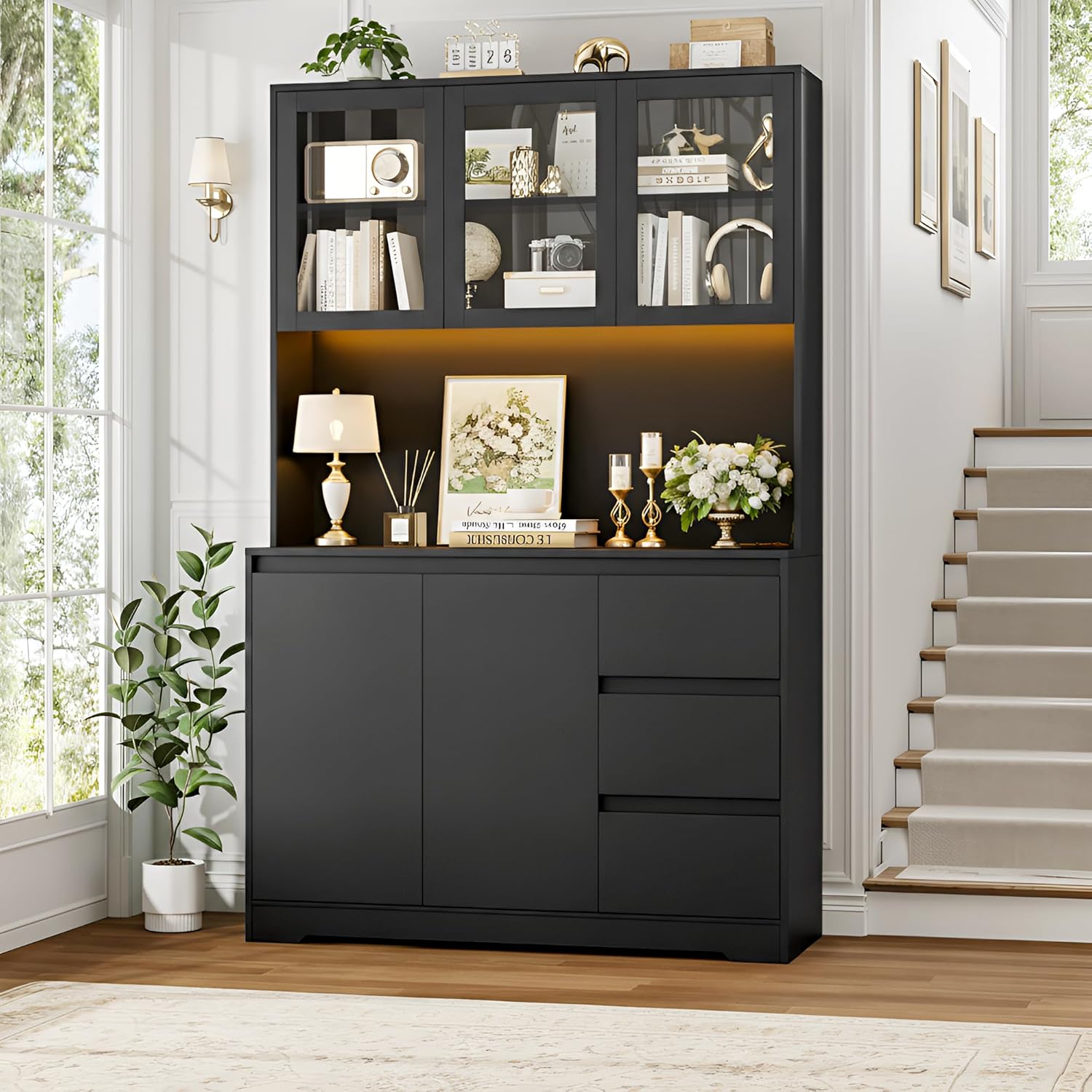 71-Inch Kitchen Pantry Cabinet with LED Lights and Charging Station, Modern Storage Hutch Cabinet with Microwave Stand, Buffet Cabinet and Spacious Countertop