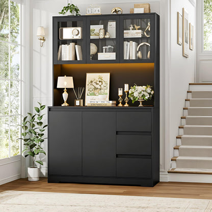 71-Inch Kitchen Pantry Cabinet with LED Lights and Charging Station, Modern Storage Hutch Cabinet with Microwave Stand, Buffet Cabinet and Spacious Countertop