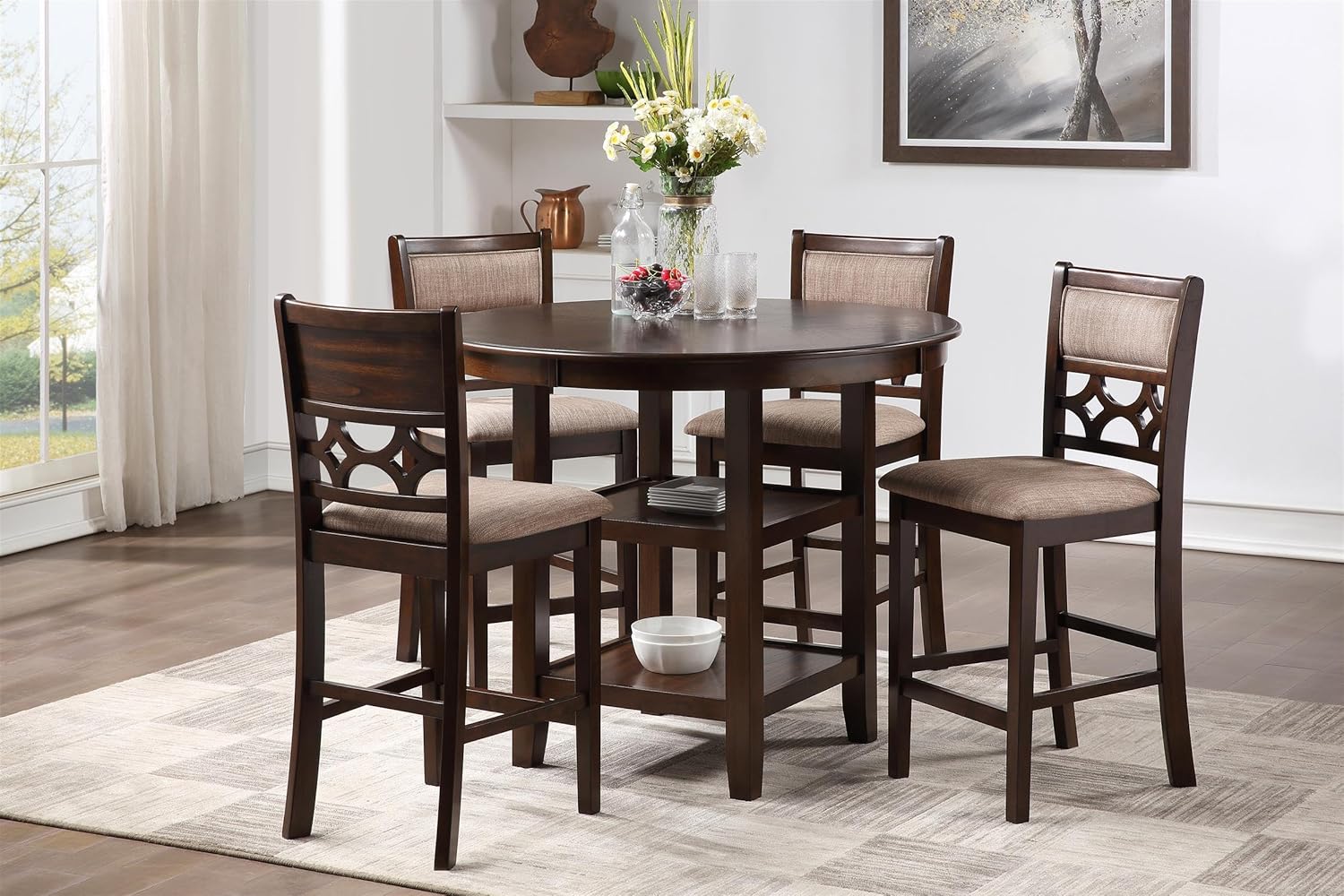 5-Piece Counter Height Dining Set with Table and 4 Chairs, Cherry Brown Kitchen and Dining Room Furniture Collection