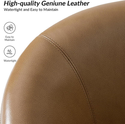Genuine Leather Swivel Barrel Chair with Solid Wood Base, 360° Rotating Accent Chair for Living Room, Bedroom, Office and Lounge Spaces