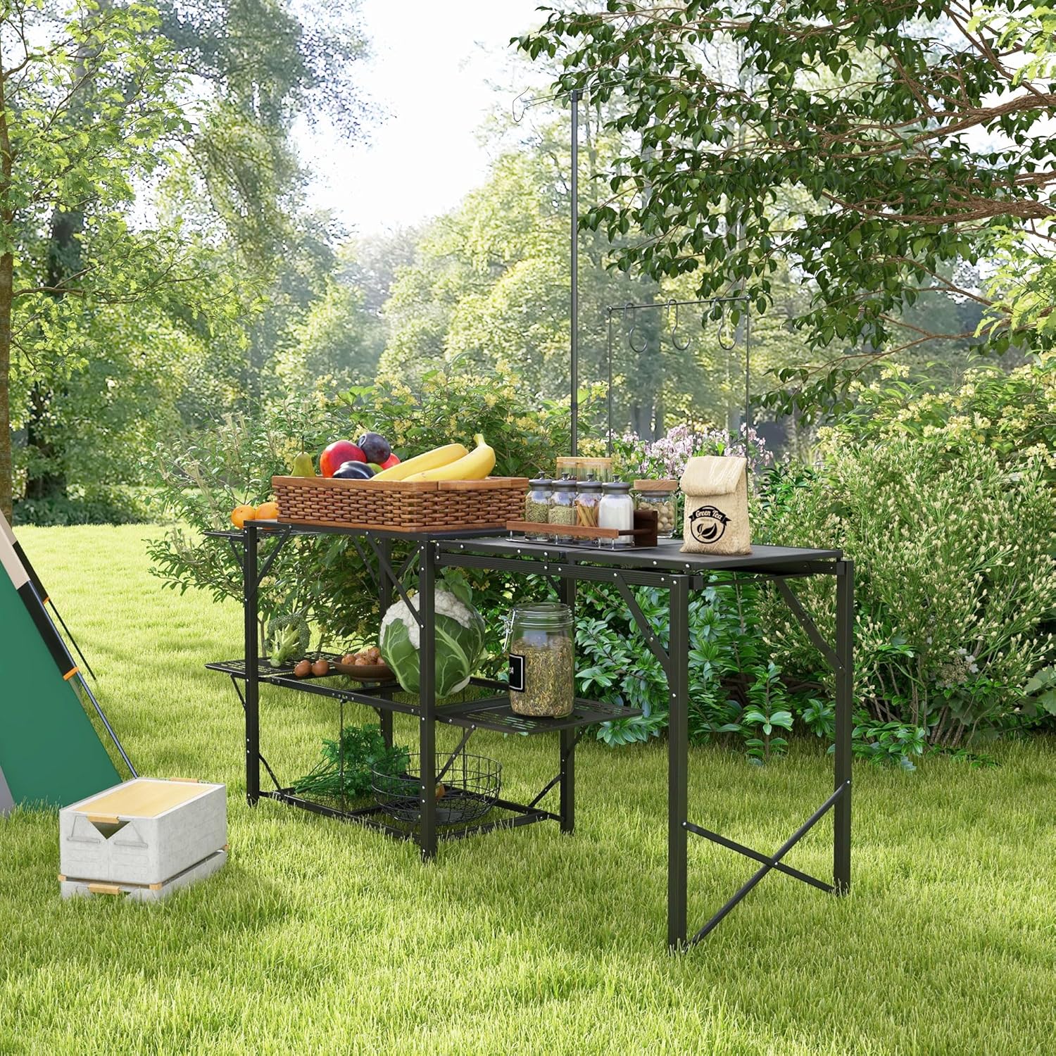 Portable Folding Camp Kitchen Table with Adjustable Lantern Holder, Storage Hooks and Carrying Bag for Camping, BBQ, Picnic and Outdoor Cooking