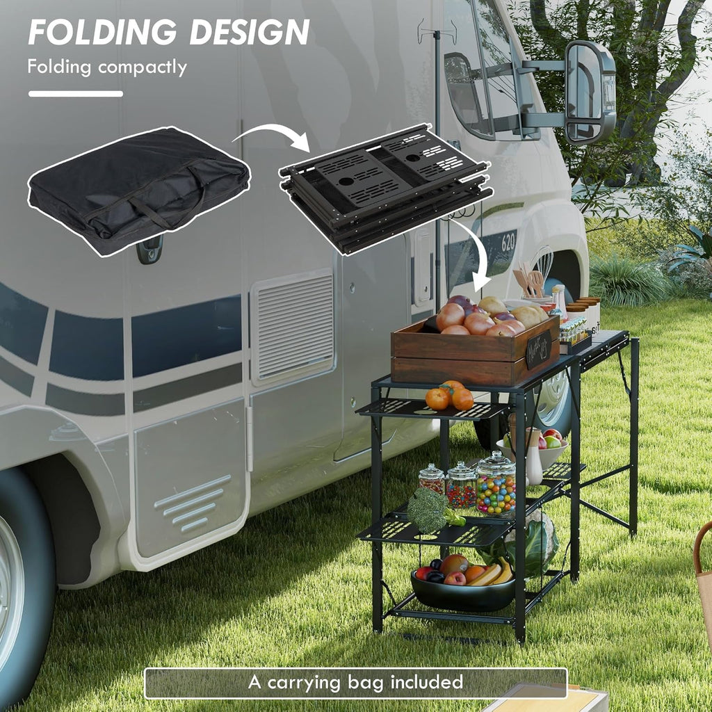 Portable Folding Camp Kitchen Table with Adjustable Lantern Holder, Storage Hooks and Carrying Bag for Camping, BBQ, Picnic and Outdoor Cooking