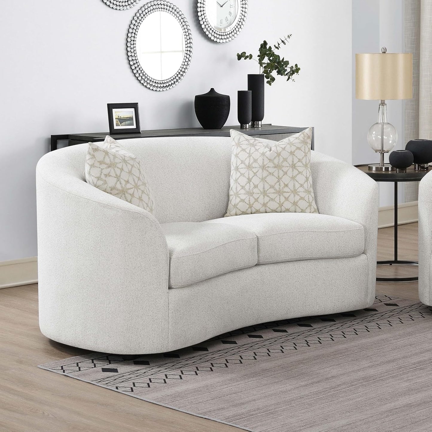 Luxury Bouclé Loveseat Sofa with Curved Arms and Accent Pillows, Modern Upholstered Two-Seat Couch for Living Room, Apartment and Lounge