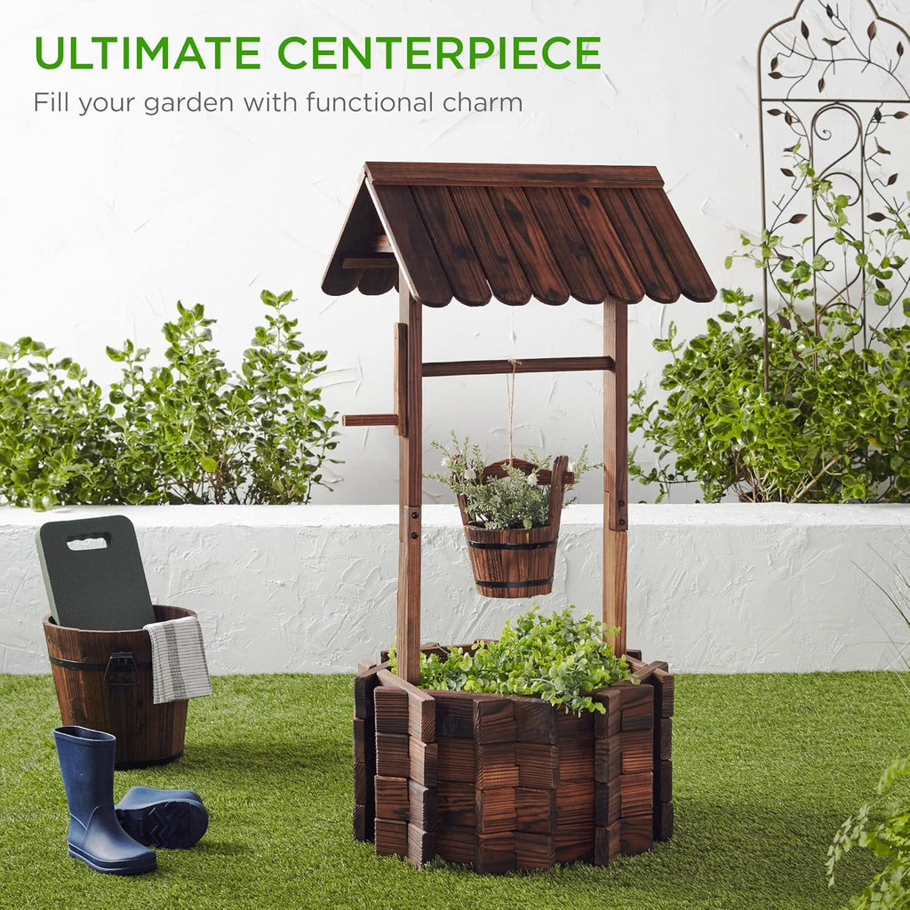 Rustic Wooden Wishing Well Planter with Hanging Bucket, Decorative Outdoor Flower Pot for Garden, Patio, Yard and Landscape Décor
