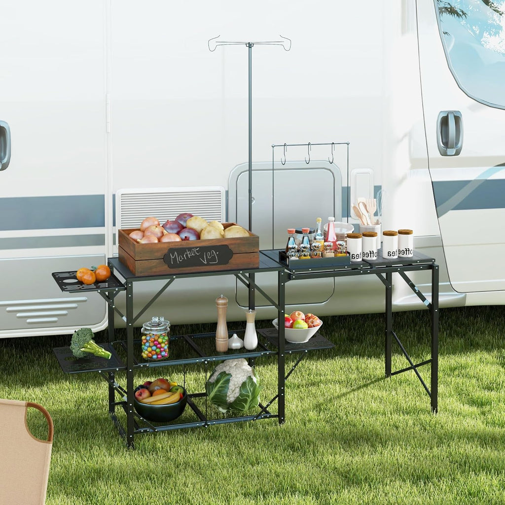 Portable Folding Camp Kitchen Table with Adjustable Lantern Holder, Storage Hooks and Carrying Bag for Camping, BBQ, Picnic and Outdoor Cooking