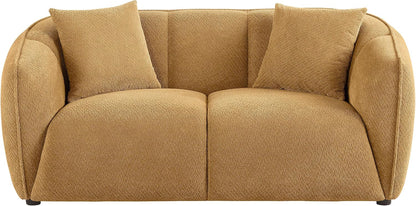 Modern Mustard Yellow Upholstered Loveseat with Vertical Channel Tufting, Rounded Arms and Plush Cushions, Stylish Two-Seater Sofa for Living Room