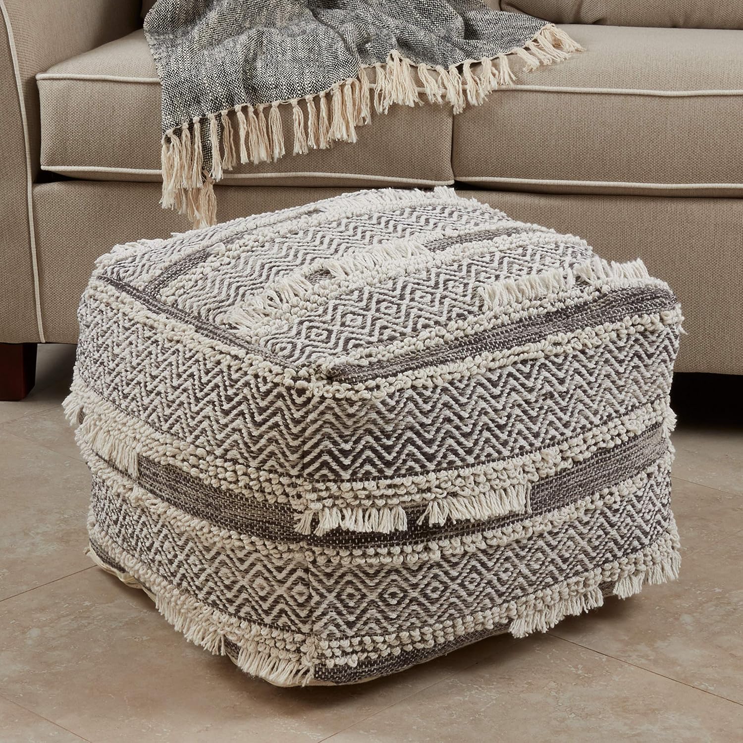Handwoven Textured Floor Pouf Ottoman, 20 x 20 Inch Decorative Footrest and Extra Seating for Living Room, Bedroom and Modern Home Décor