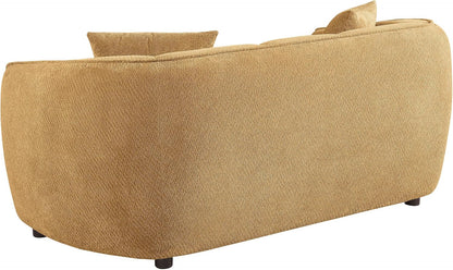 Modern Mustard Yellow Upholstered Loveseat with Vertical Channel Tufting, Rounded Arms and Plush Cushions, Stylish Two-Seater Sofa for Living Room